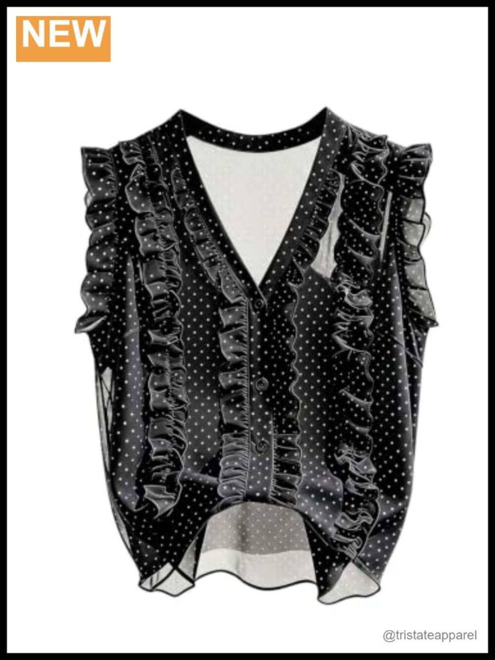 Women's Polka Dot Chiffon Ruffle Trim V-Neck Button Front Sheer Sleeveless Tank